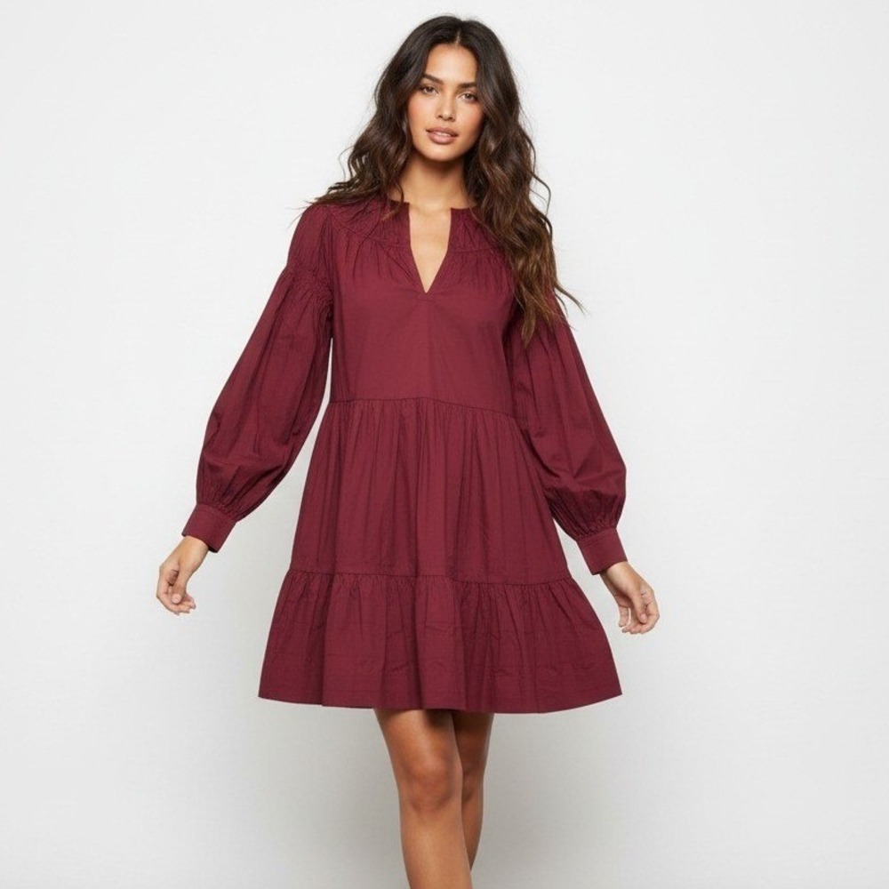 Ulla Johnson Rosa Dress Bordeaux Burgundy‎ Cotton Tiered Mini Size 10 NEW